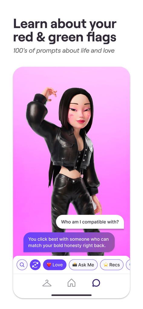 Un avatar digital 3D en la aplicación Genies que brinda comentarios sobre la compatibilidad de relaciones y señales personales.