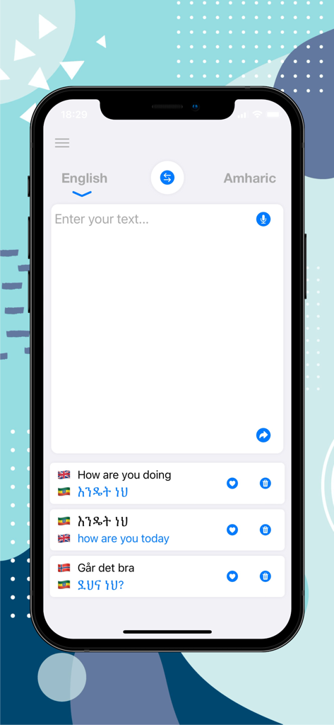 Interfaccia dell'app Il miglior traduttore amarico che mostra un elenco di traduzioni recenti tra inglese, norvegese e amarico.