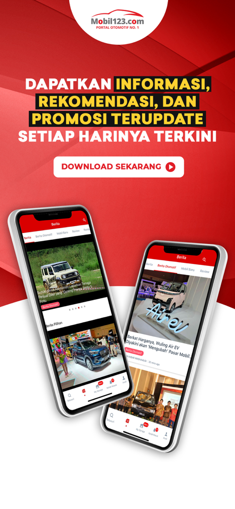 Mobil123.com Mobil baru-bekas - Mobil123 app screenshot showing latest automotive news and car promotions in Indonesia.