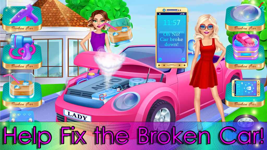 Una escena de juego que muestra un coche rosa averiado con herramientas de reparación y personajes en la aplicación Princess Fashion Girl