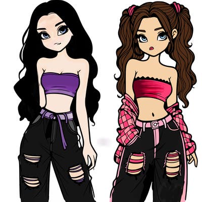 2 girls in crop tops and baggy jeans ripped