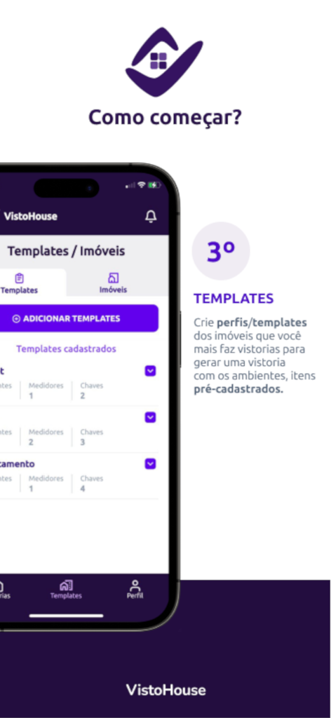부동산 관리자를 위한 부동산 점검 템플릿 섹션을 보여주는 VistoHouse 앱의 모바일 인터페이스.