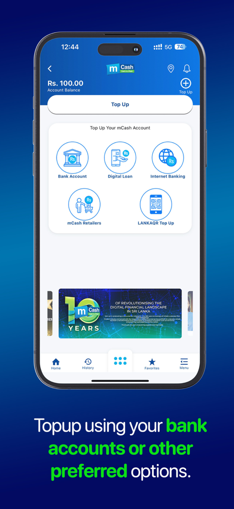 Mobitel mCash - Interfaz de la aplicación Mobitel mCash mostrando opciones de recarga como cuenta bancaria y banca por internet