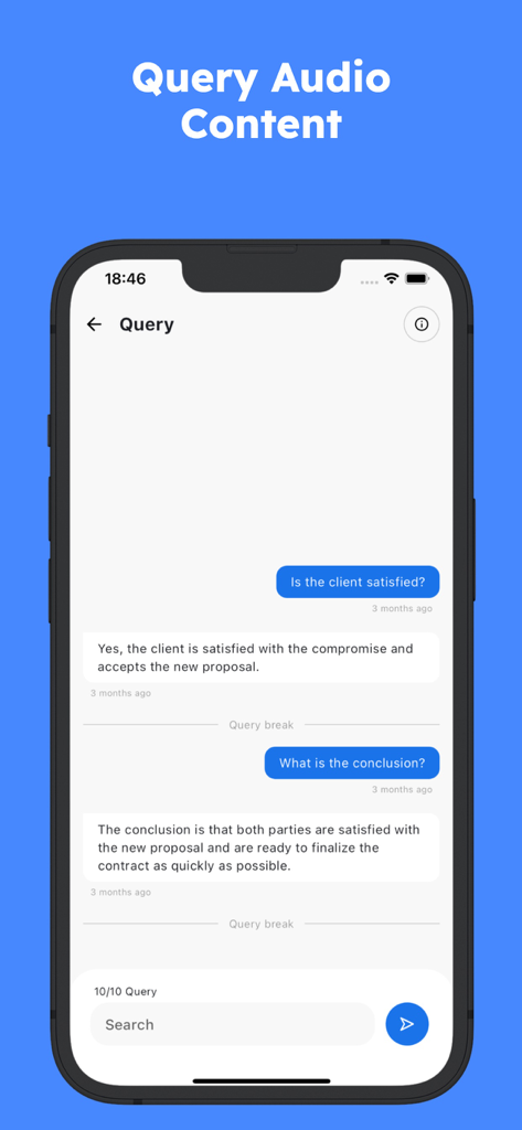 SoundType AI - Voice To Text - SoundType AI app interface showing a user querying audio content through an AI chat to get summaries and insights.