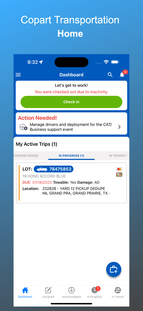 Copart Transportation - Dashboard of the Copart Transportation app showing an active trip for a vehicle pickup.
