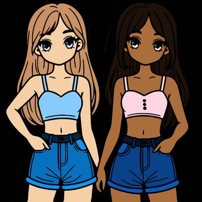 two sisters with crop tops and jean shorts and straight hair