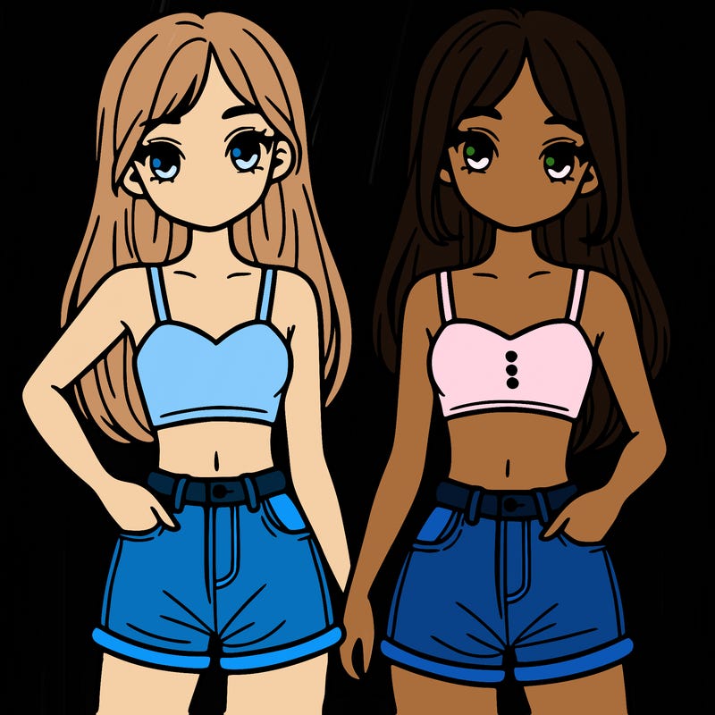 two sisters with crop tops and jean shorts and straight hair