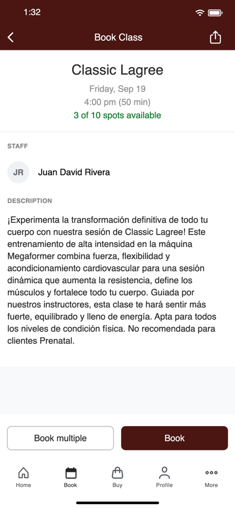 AMA Studio - Interface do aplicativo AMA Studio mostrando detalhes e opções de reserva para uma aula de fitness Classic Lagree.