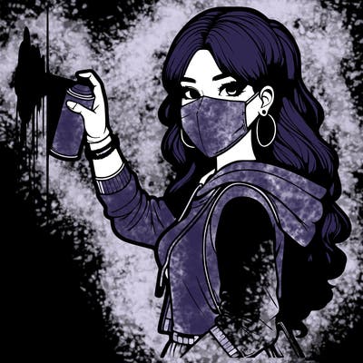 realistic girl with mask spray painting a wall