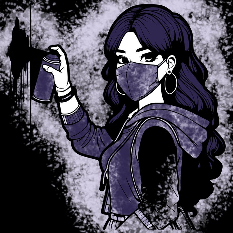 realistic girl with mask spray painting a wall