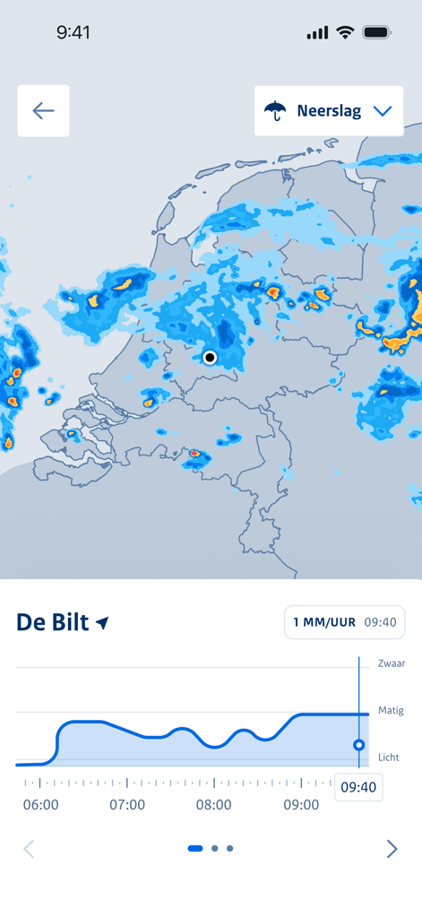 KNMI Weer - KNMI 날씨 앱 디스플레이에 네덜란드의 강수 레이더 지도와 데 빌트 지역의 강우량 강도 그래프가 표시됩니다.