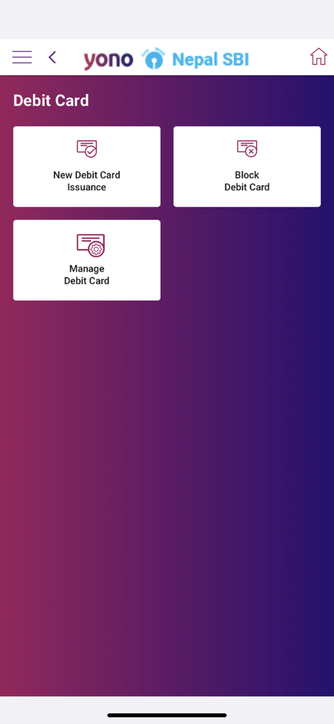YONO Nepal SBI app debit card management screen showing options for card issuance and blocking