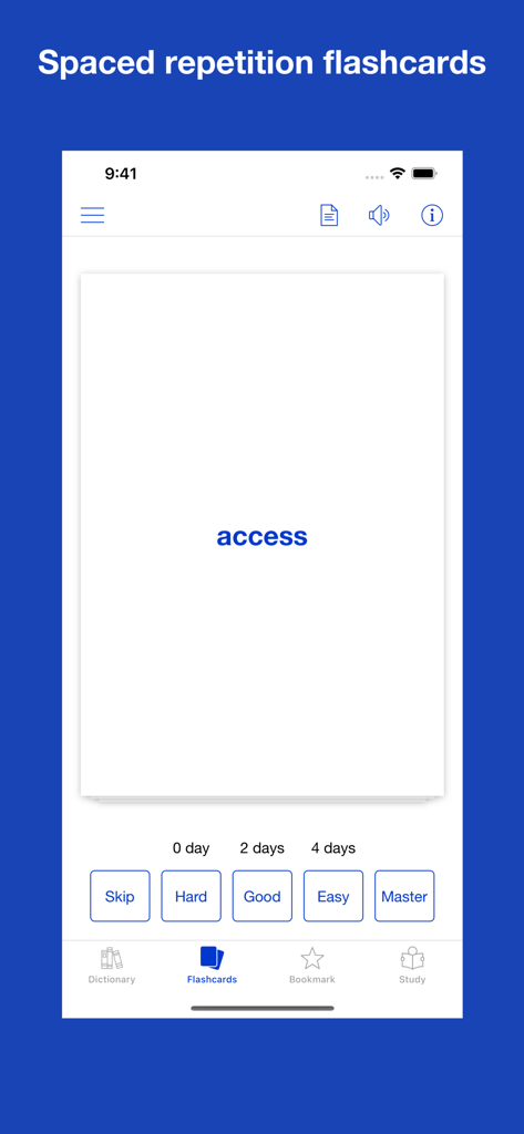 Mastering English Collocation app interface showing a spaced repetition flashcard for the word access with review buttons