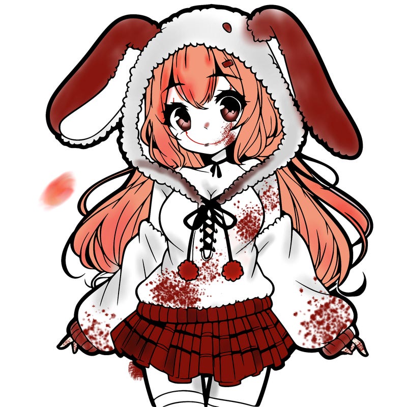 pretty anime girl wearing a fluffy hoodie with bunny ears on the hood and a skirt