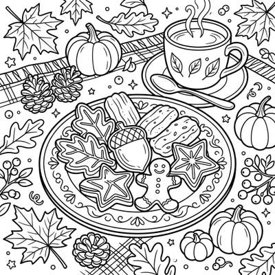 Explore the cozy spirit of autumn with this delightful coloring page, showcasing a plate full of seasonal cookies and treats. Surrounded by fall leaves, pumpkins, and a warm cup, it's perfect for a relaxing creative escape.