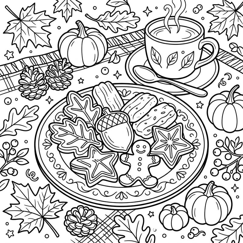 Explore the cozy spirit of autumn with this delightful coloring page, showcasing a plate full of seasonal cookies and treats. Surrounded by fall leaves, pumpkins, and a warm cup, it's perfect for a relaxing creative escape.
