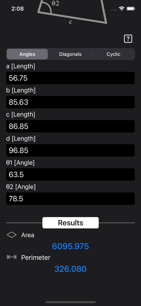 Quadrilateral calculator app interface showing area and perimeter results based on input dimensions