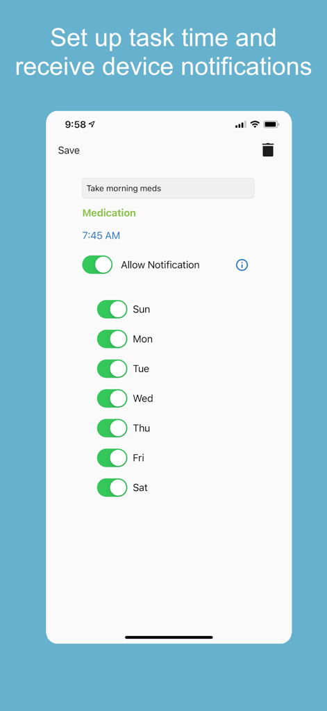 Daily Tasks - Tracker - Pantalla de la aplicación Daily Tasks que muestra la configuración de notificaciones para una tarea de medicación programada diariamente a las 7:45 a.m.