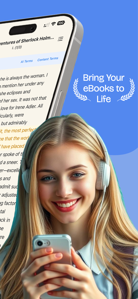 BookNPC - AI TTS eBook Reader - Uma jovem com fones de ouvido ouvindo um eBook narrado por IA em seu telefone