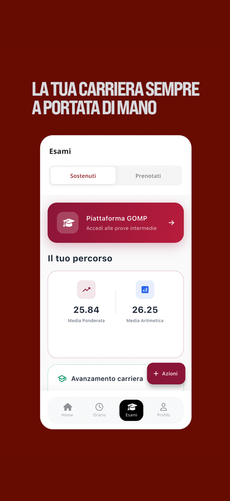 Studenti Roma - Dashboard esami dell'app Studenti Roma che mostra le medie dei voti universitari e l'avanzamento della carriera accademica.