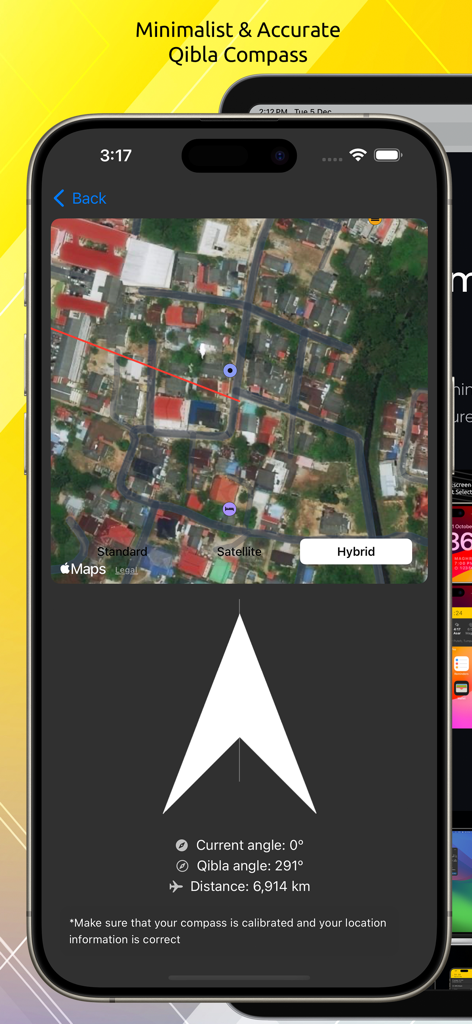 Minimalist Qibla compass interface on iPhone showing the prayer direction with a map and distance information