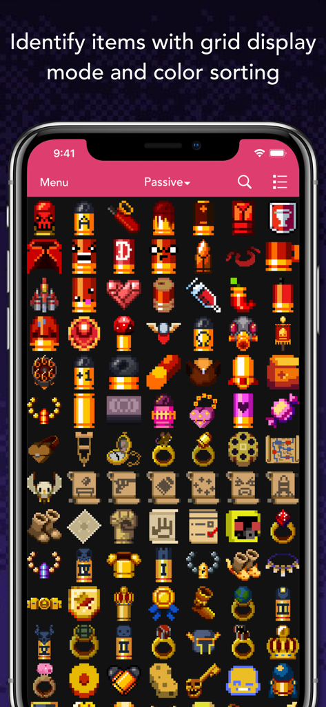Guide for Enter the Gungeon - Mobile app interface showing a grid of pixel art passive items for Enter the Gungeon.