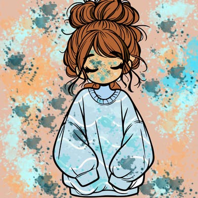girl with baggy sweatshirt and messy bun