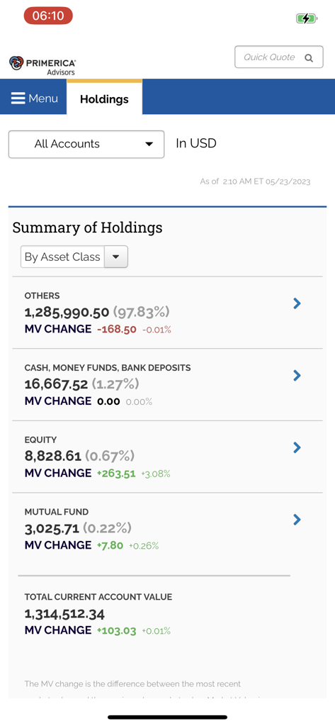 Primerica Advisors - Summary of holdings in the Primerica Advisors app showing account value and asset distribution