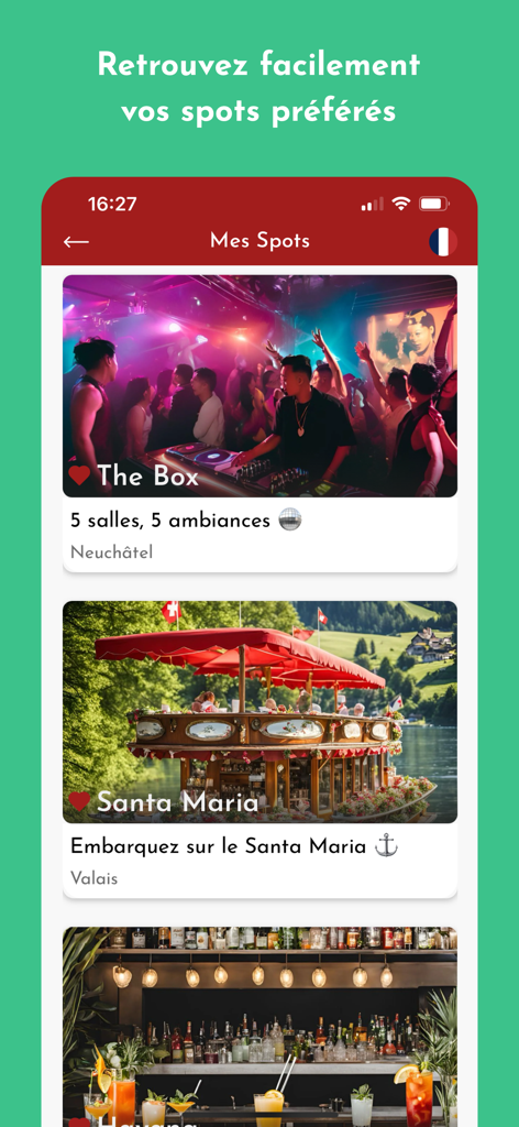 NeoSpot App-Bildschirm zeigt eine Liste der Lieblingsorte des Benutzers für Nachtleben und Restaurants.