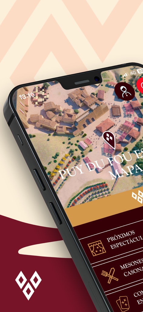 Pantalla de smartphone mostrando el mapa 3D interactivo de la aplicación Puy du Fou España y el menú de navegación.