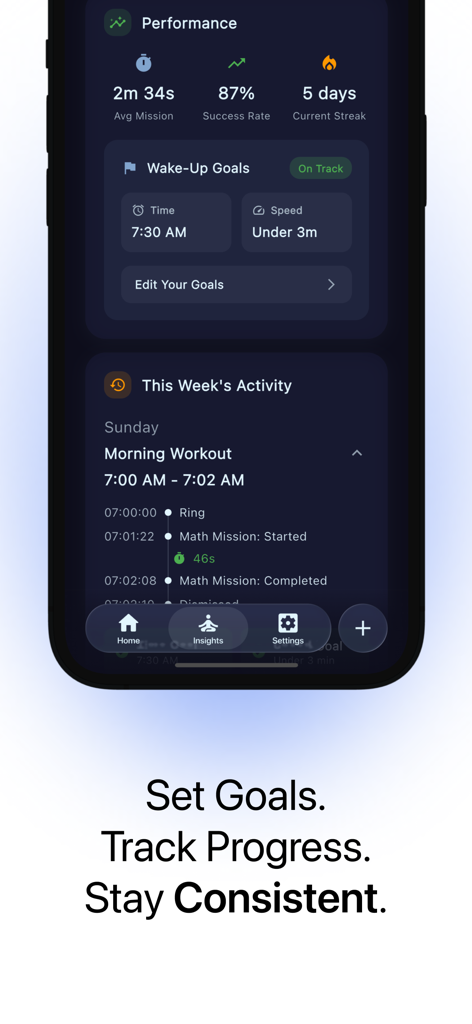 Snoozers: The End of Snoozing - Snoozers app dashboard displaying morning performance metrics success rate and wake up goals