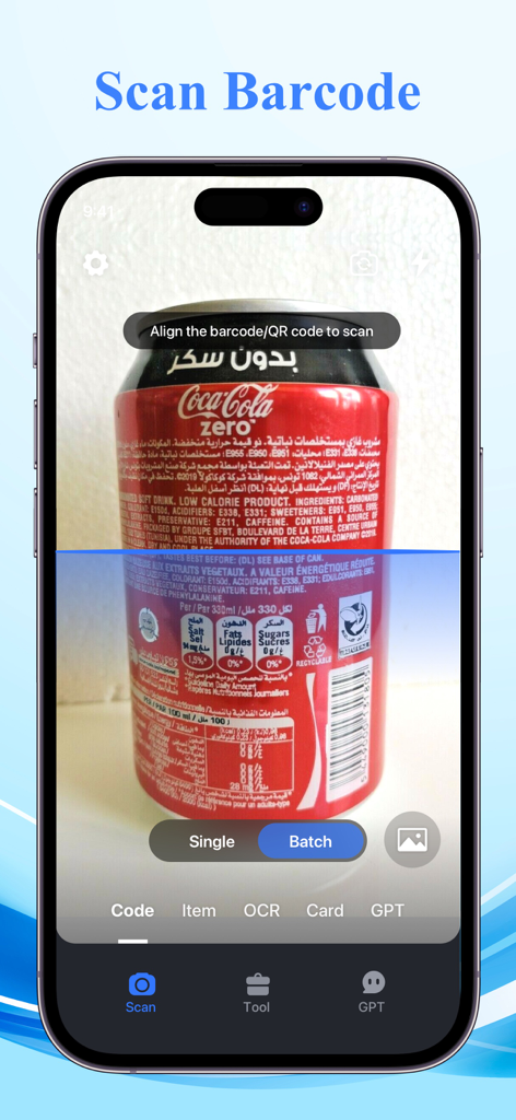 Un teléfono móvil escaneando el código de barras de una lata de Coca-Cola Zero usando la interfaz de la aplicación ScanWallet