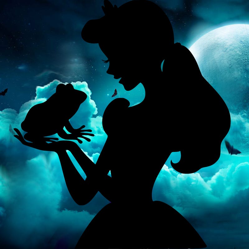 a shadow of a princess holding a frog realistic