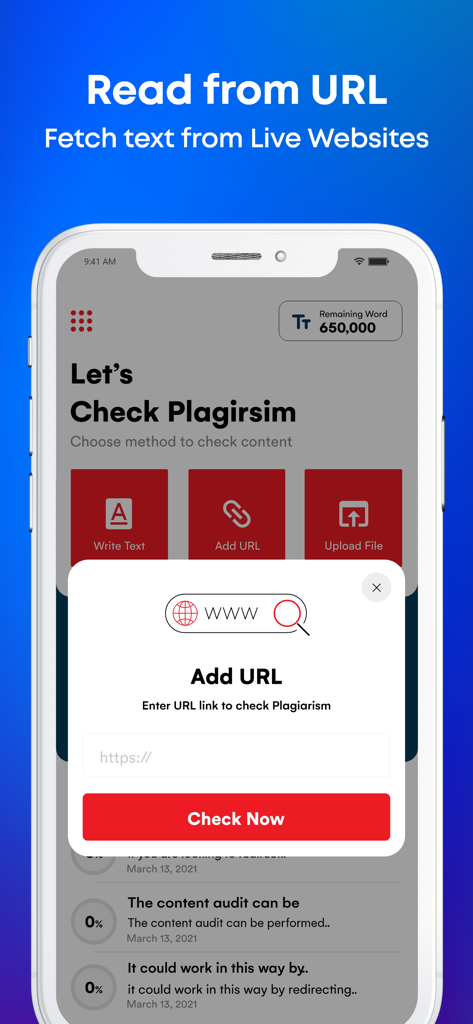 Plagiarism checker app interface showing a popup to enter a website URL for content verification