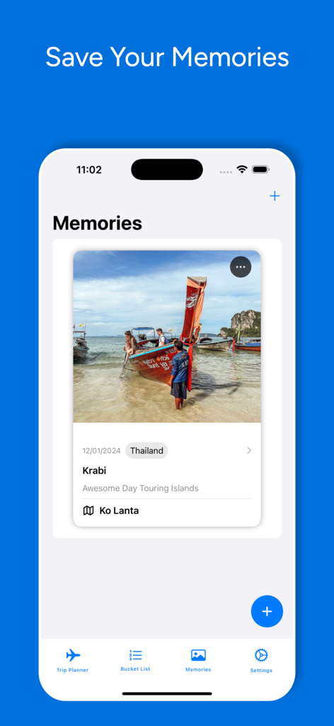 Easy Trip Planner app memories section showing a saved travel photo from a trip to Thailand