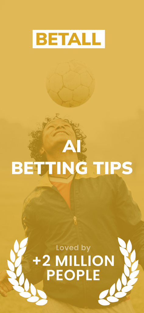Sport Bet Tips Match - BetAll - BetAll app marketing screen showing AI betting tips for soccer with a player heading a ball