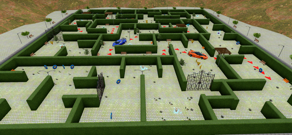 Customs Restore Cars Garage 3D - Top down view of two sports cars navigating a large green hedge maze with collectible tokens