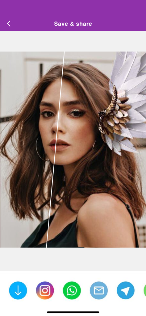 A side-by-side comparison showing before and after face retouching with sharing icons in the Visage app