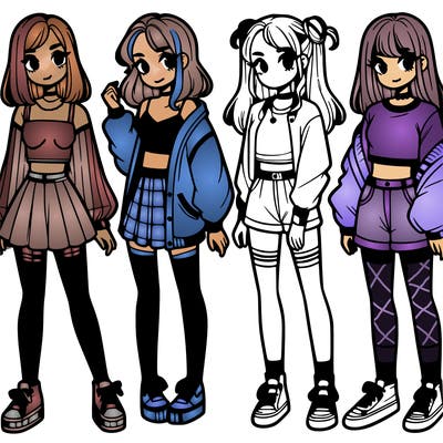 one girl with crop-top shirt and a jacket with a skirt, long socks and another girl with a shirt and pants with a jacket