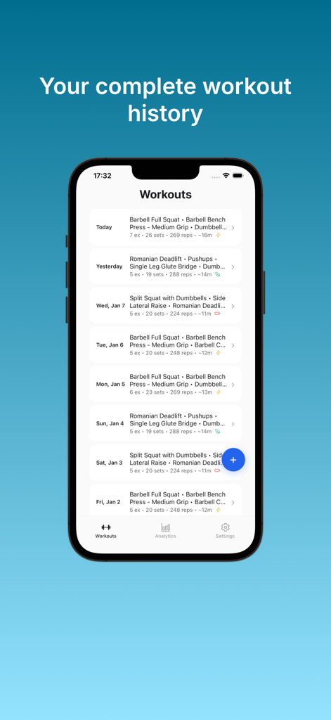 BaseLift: Gym Log & Diary - A clear chronological list of past workout logs showing exercises, sets, and reps in the BaseLift app.