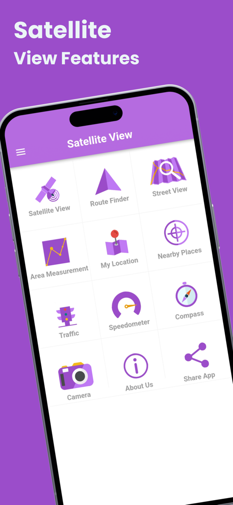 Live Satellite View & GPS Maps - 모바일 앱 메뉴에 위성 보기 경로 찾기, 스트리트 뷰, 면적 측정 아이콘을 포함한 내비게이션 도구가 표시되어 있습니다.