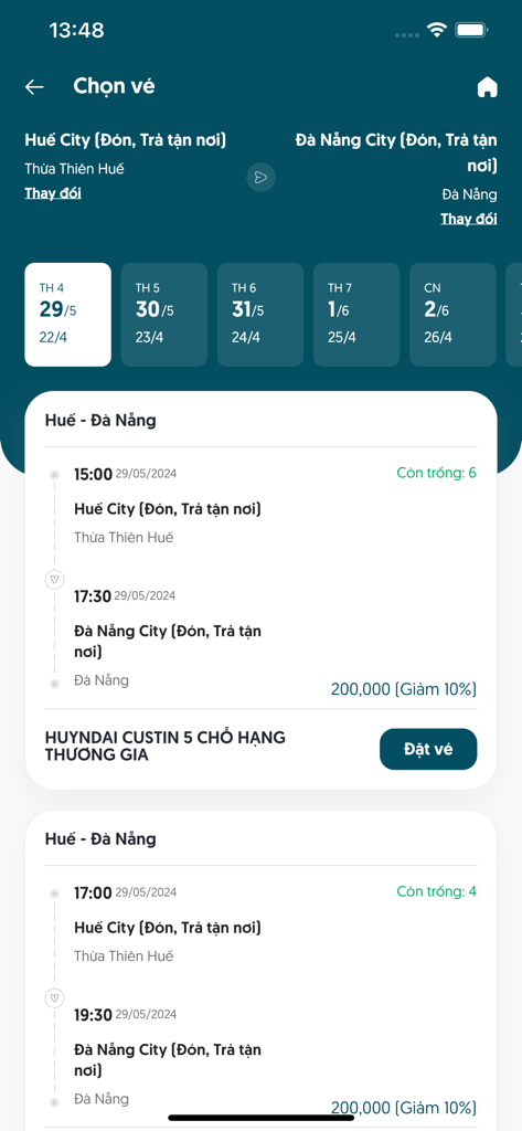 CARO LUXURY - Interface of the CARO LUXURY app for booking limousine transfers between Hue and Da Nang with date and time selection