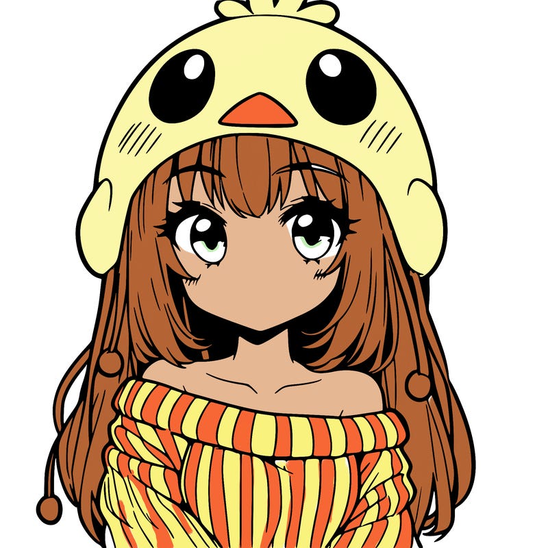 anime girl with chick shaped hat with sweater with bare shoulders with bangs covering them one eye with low tail