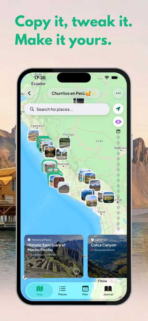 Vaga Travel app screenshot showing a map of Peru with interactive photo pins and travel planning features.
