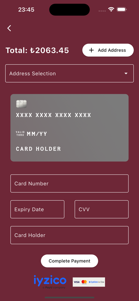 Zaitoune - Secure checkout page in the Zaitoune app with credit card information fields