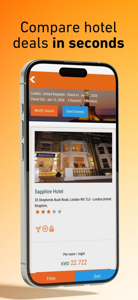 FlyBooking - Interfaccia dell'app FlyBooking che mostra i risultati di ricerca degli hotel per Londra, inclusi dettagli e prezzi del Sapphire Hotel
