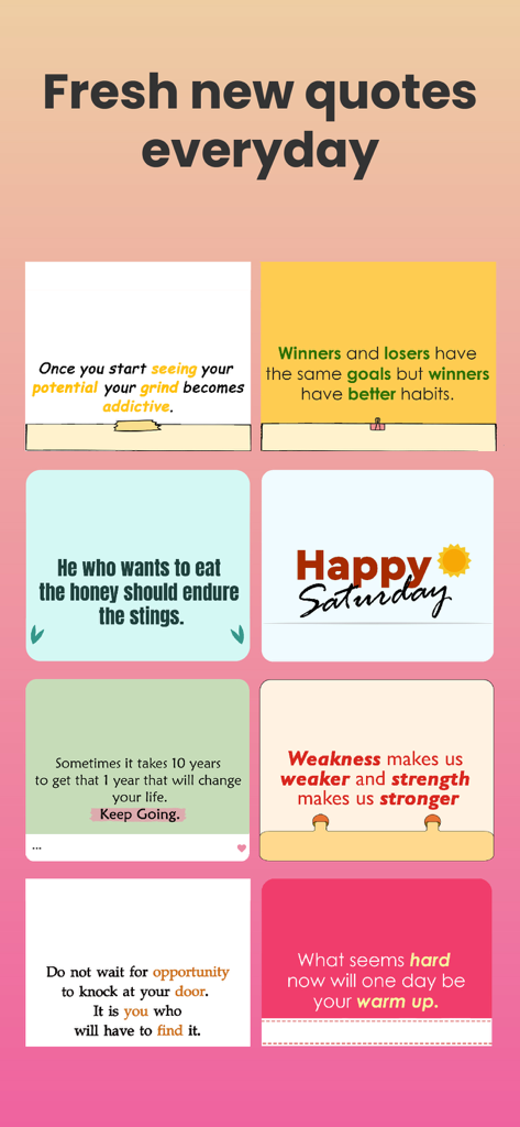 Crafto App - Uma grade de vários modelos de citações motivacionais e inspiradoras diárias do aplicativo Crafto