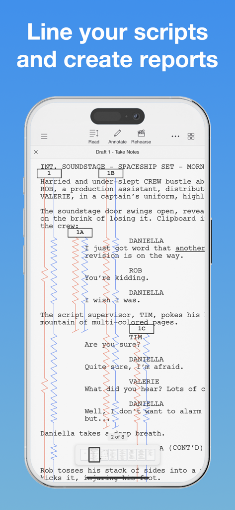 Scriptation-App, die professionelle Lining-Tools für Script Supervisor mit roten und blauen vertikalen Linien auf einem digitalen Drehbuch zeigt.