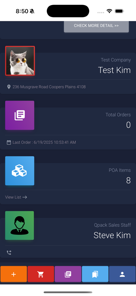 Qpack - A mobile interface for the Qpack app showing a user profile for a test company, total orders, and contact information for sales staff.