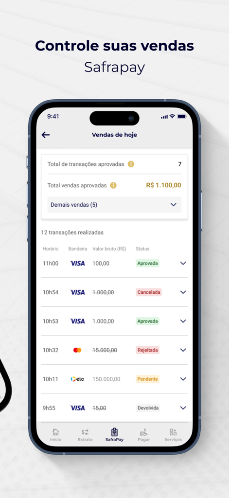 Safra Empresas: A sua conta PJ - Interface do app Safra Empresas exibindo vendas diárias e histórico de transações na seção SafraPay